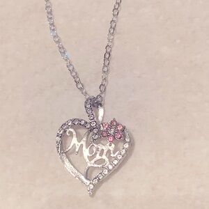 Silver Heart MOM CZ Necklace Rhinestones Simulated Pink Topaz 18-22” chain NEW